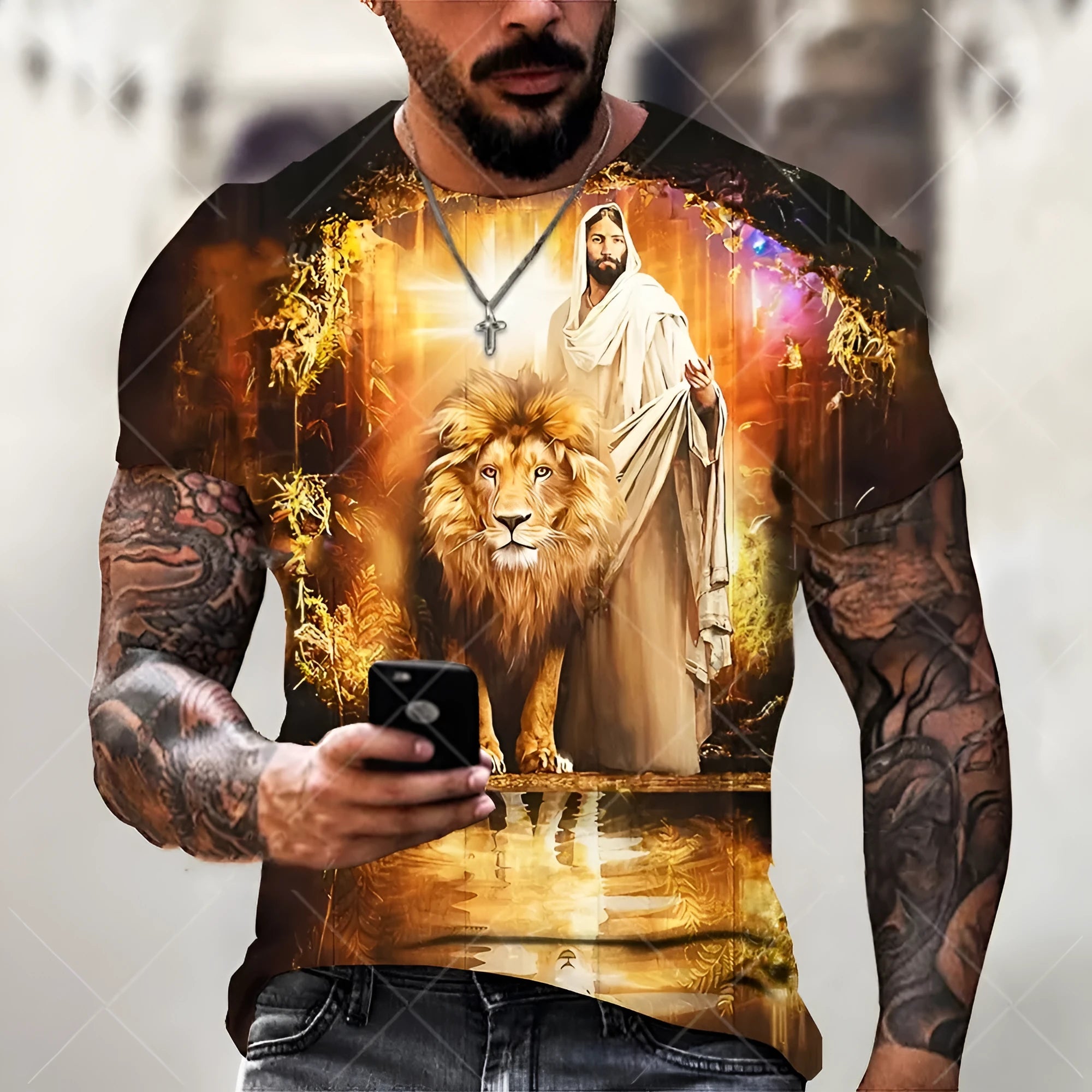 Men's grey T-shirt with a 3D printed Jesus pattern on the chest, short sleeves.