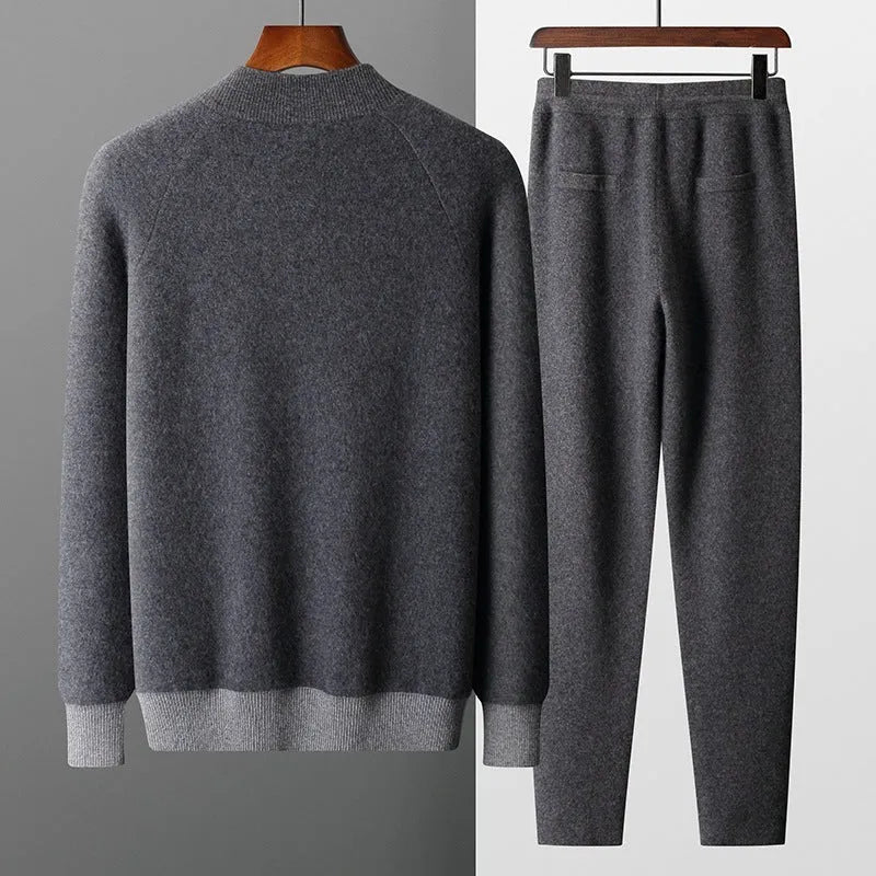 Men's navy blue cashmere half turtleneck knitted cardigan suit with matching trousers for winter leisure wear