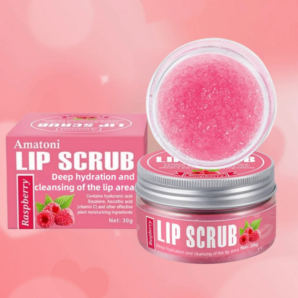 Amatoni lip scrub cream pot in coconut, raspberry, vanilla, or watermelon flavour, 30g size.