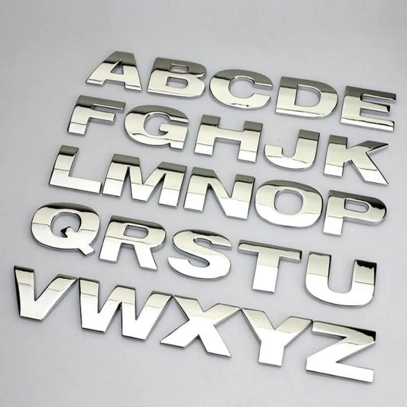 Zinc alloy metal car letter stickers showing 3D raised effect on vehicle bumper