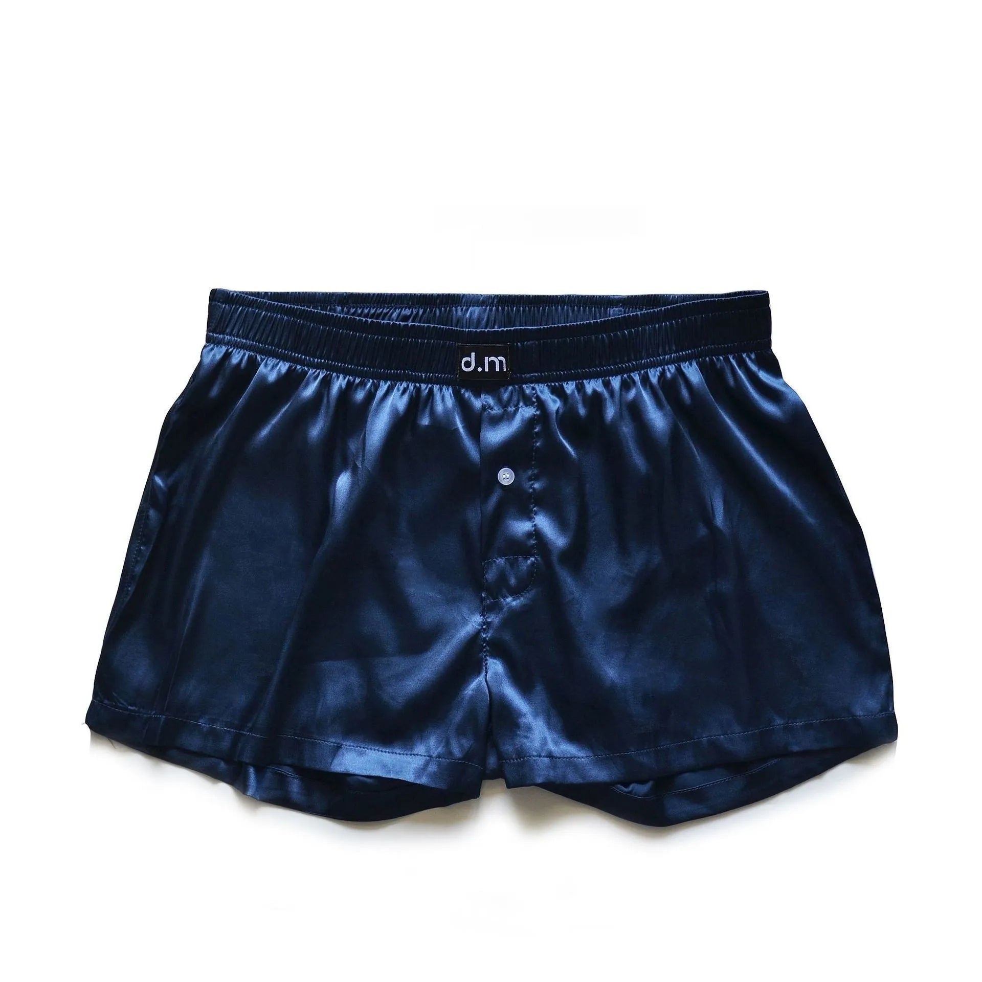 Men's silky polyester low waist boxer pajama shorts in five colours: black brown, light purple, milk coffee, navy blue, white; sizes M to XXL