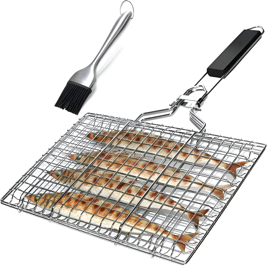 Square folding stainless steel wire mesh basket for barbecues with a cleaning brush.