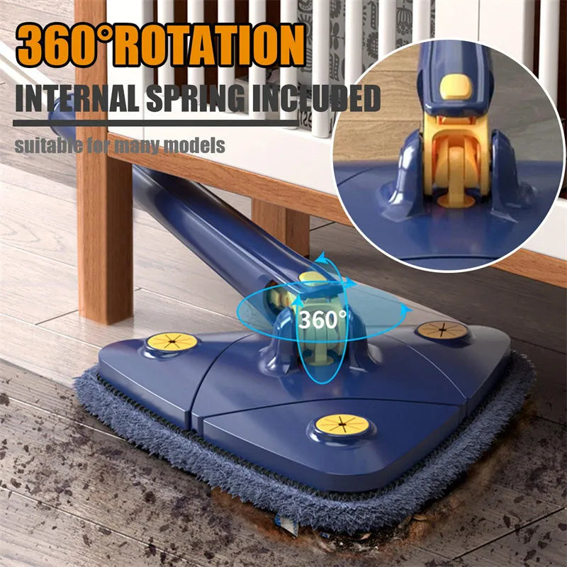 Extendable triangle mop with rotating blue head and adjustable stainless steel pole for corner cleaning