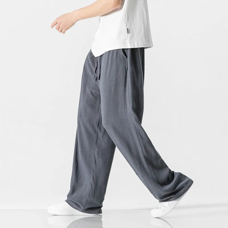 Men's loose straight-leg linen trousers in bamboo fibre fabric with drawstring waist