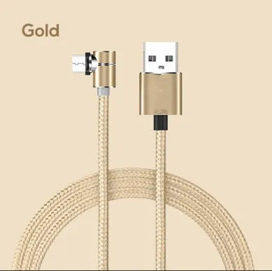 Black L-shaped magnetic USB charging cable with aluminium connector on a wooden table.