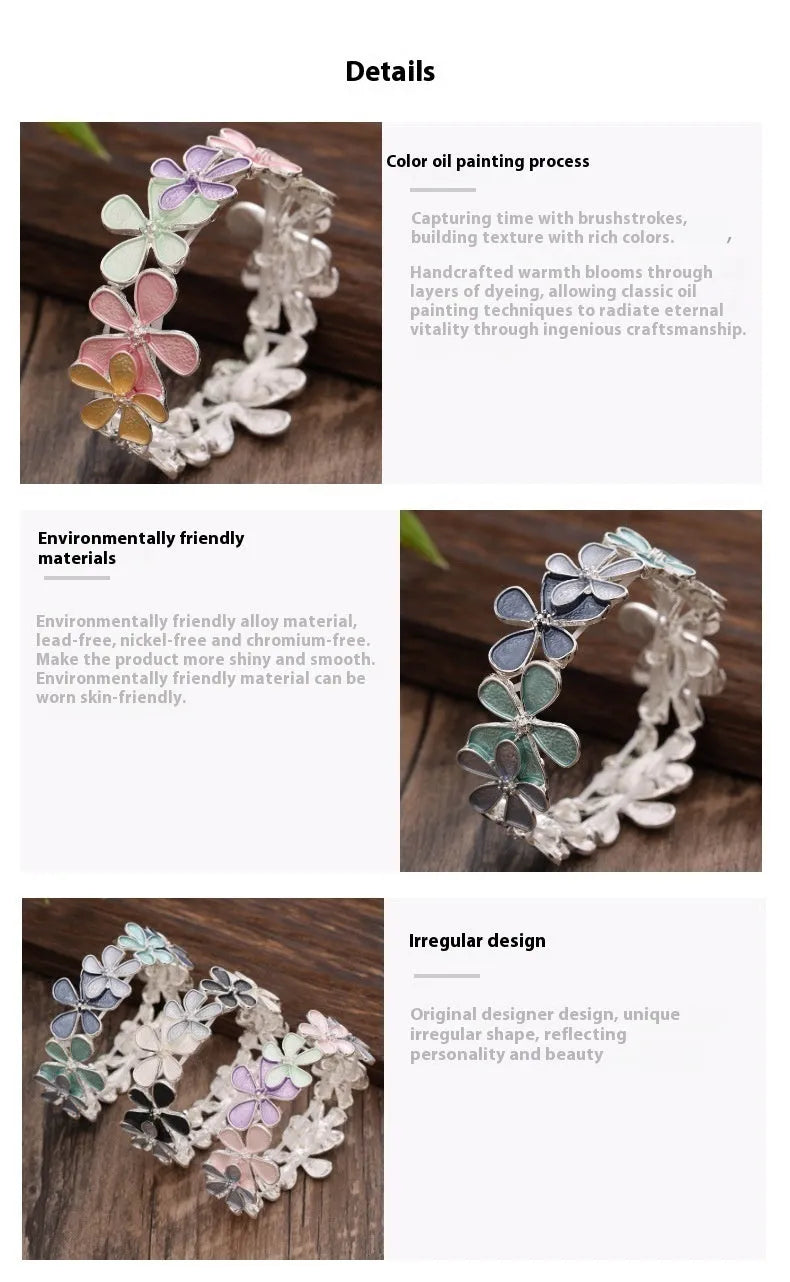 Women's zinc alloy elastic flower bracelet with magnetic clasp in blue floral design