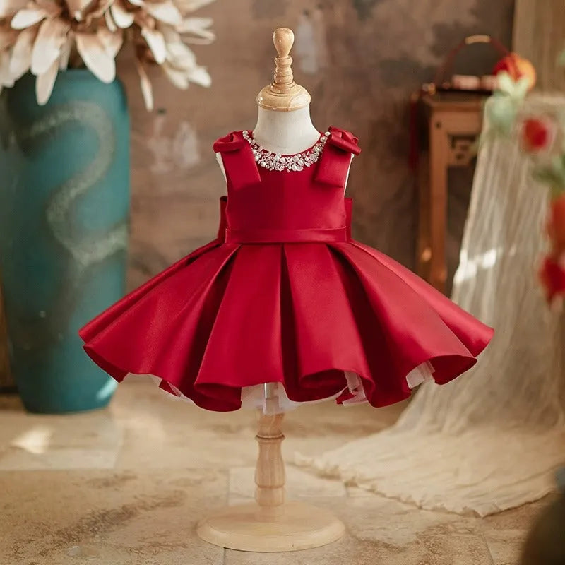 Red satin princess-style dress for girls, suitable for piano performances, polyester fiber, sizes 80-130cm