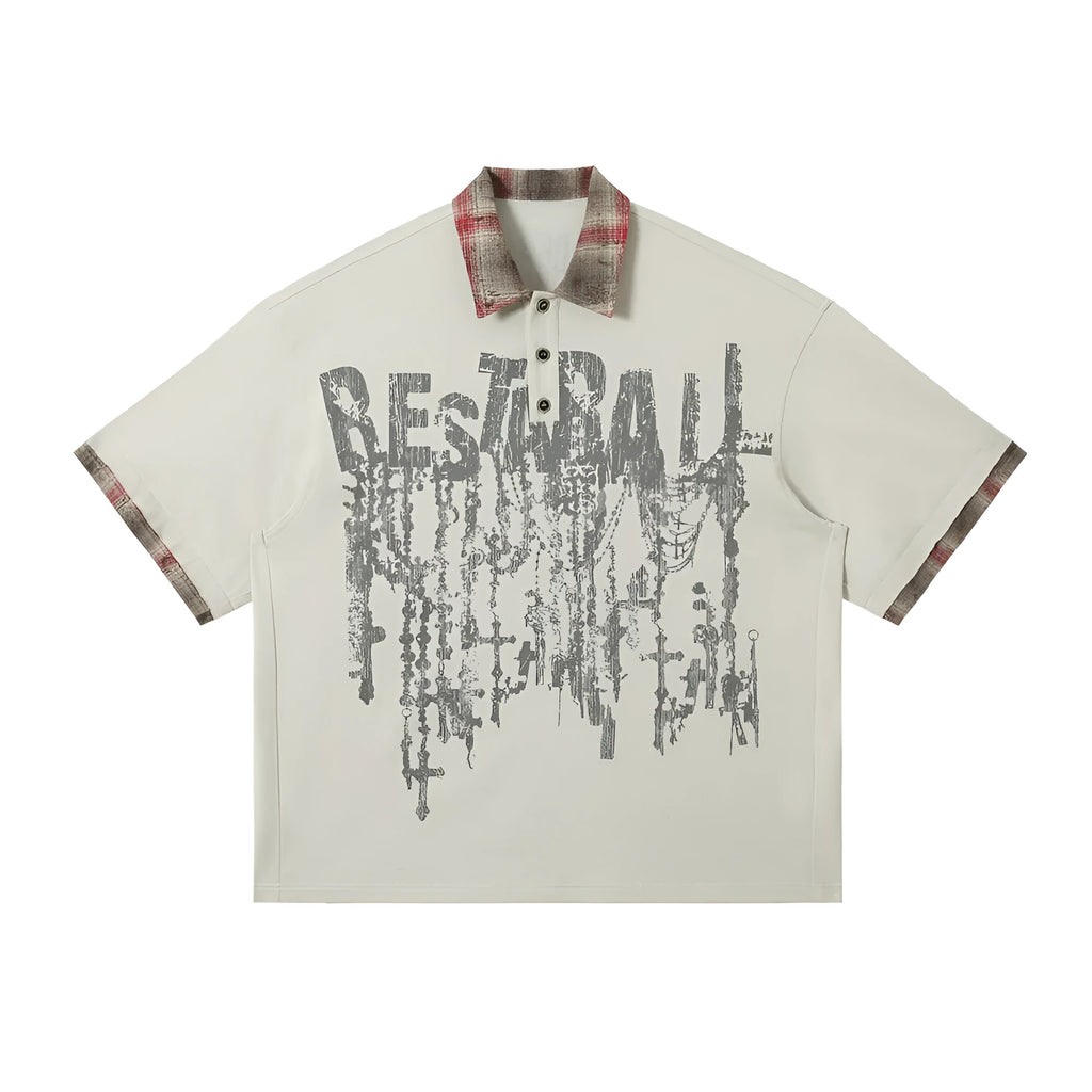 Men's blue graffiti print cotton short-sleeved top with asymmetric design and loose fit