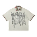 Men's blue graffiti print cotton short-sleeved top with asymmetric design and loose fit