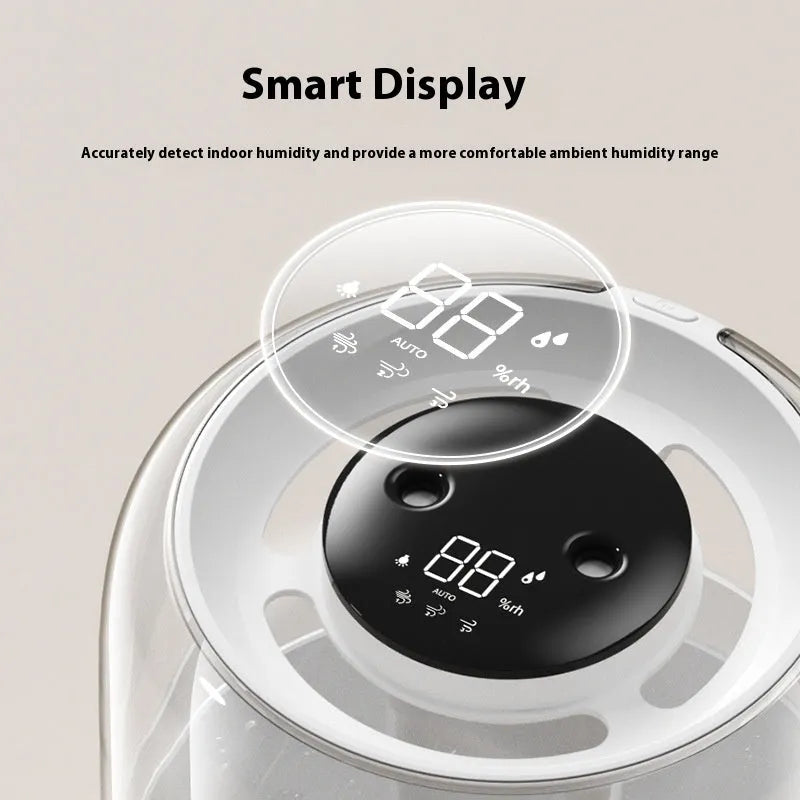 Beige round USB humidifier with dual spray nozzles, digital display, and large water capacity