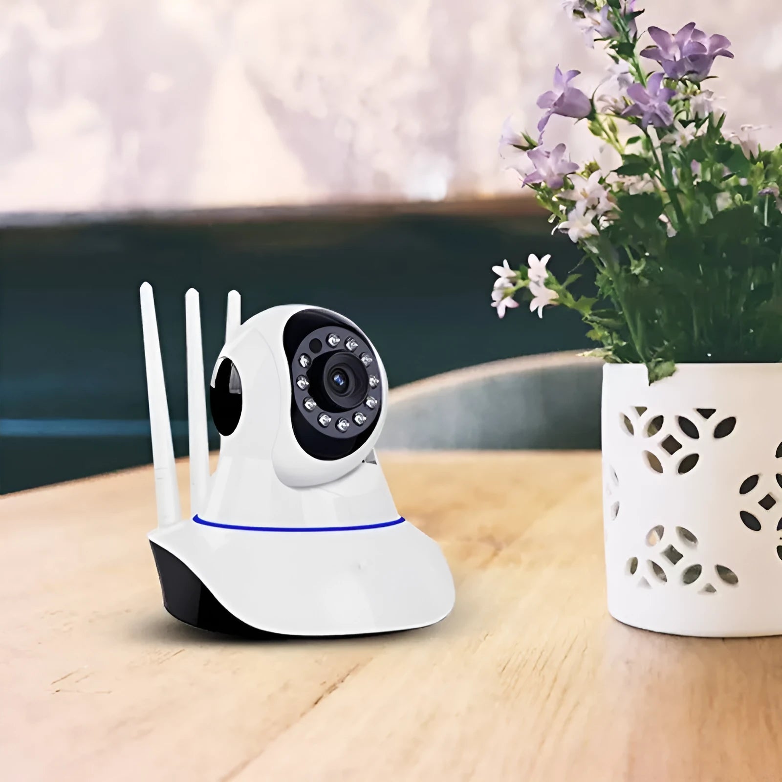 White dome-style wireless HD security camera for indoor and outdoor use.