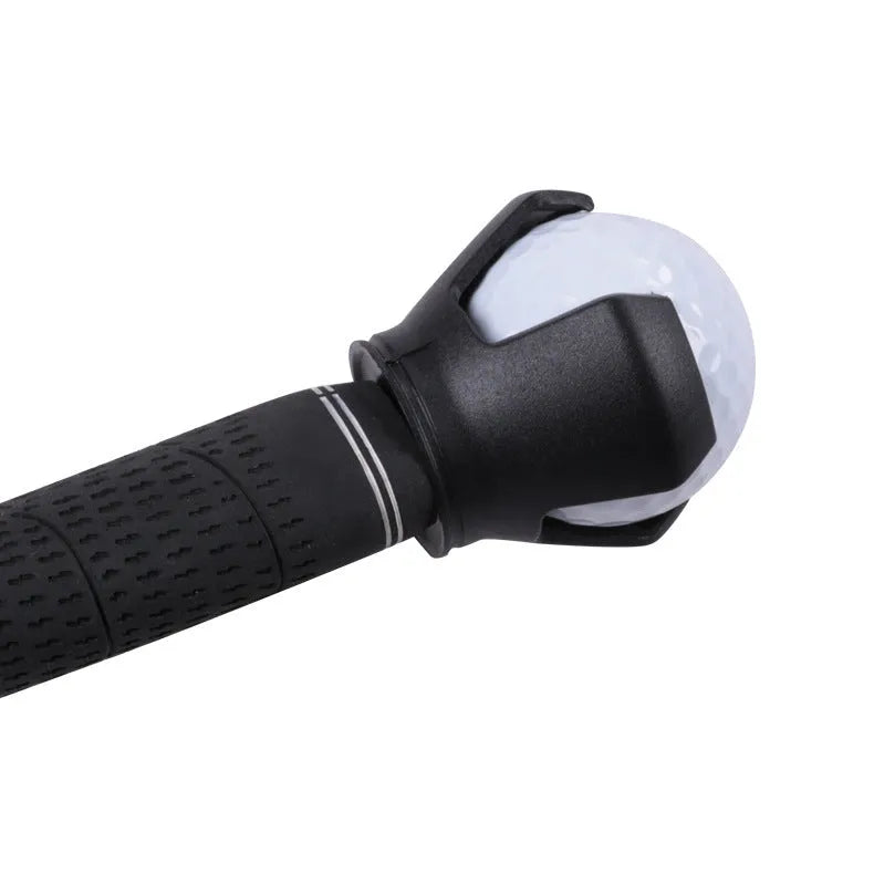 Black golf ball picker device with putter-style seat and clip mechanism for retrieving balls