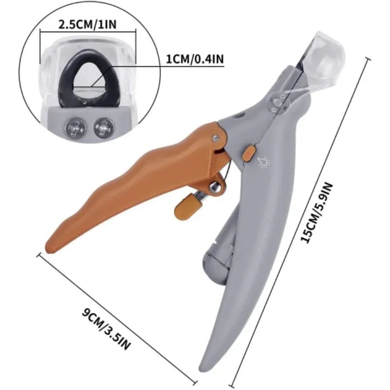 Yellow pet nail clipper with built-in LED light and magnifying glass for dog and cat grooming.