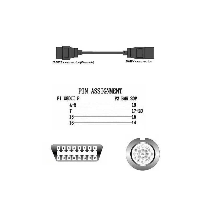 BMW diagnostic adapter cable showing 20-pin plug and standard 16-pin OBD2 socket.