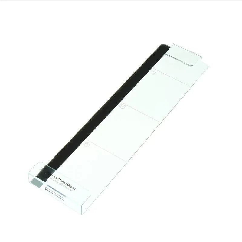 Clear acrylic monitor message memo board with wall suction mount on a computer monitor, left side placement