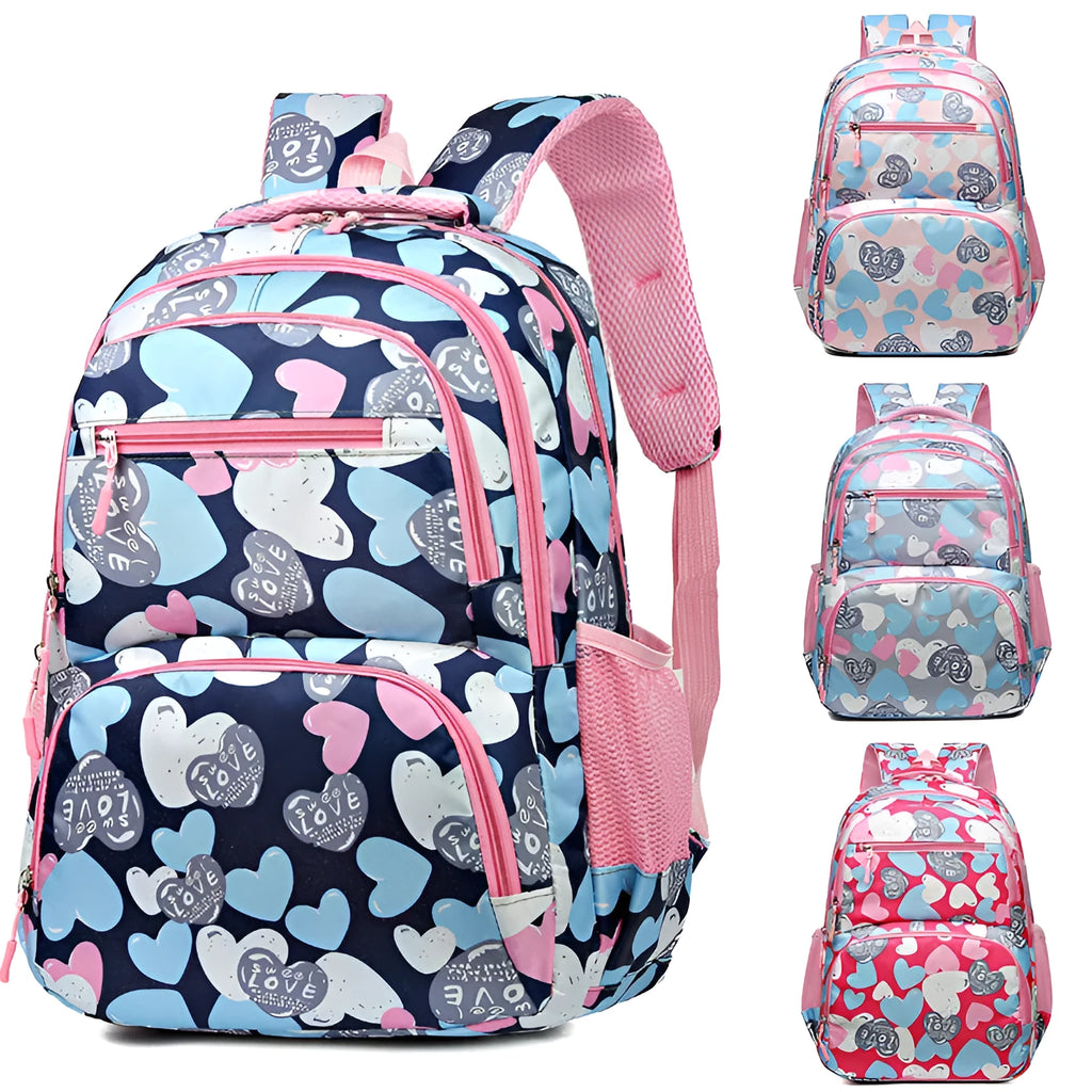 Student backpack with air pillow belt system in blue, rose red, grey, or pink colours