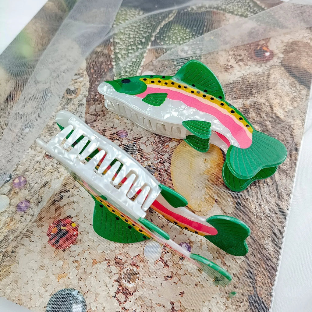Dark green PVC hair clip with printed rainbow trout and carp design