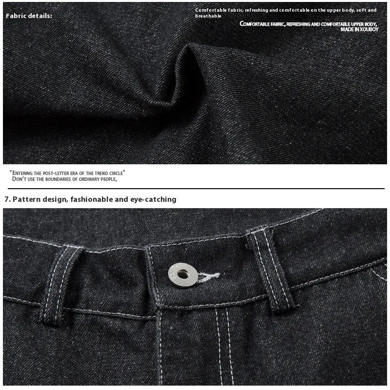 Black pleated work trousers with multiple pockets, mid waist cut, and zip fly in cotton denim fabric