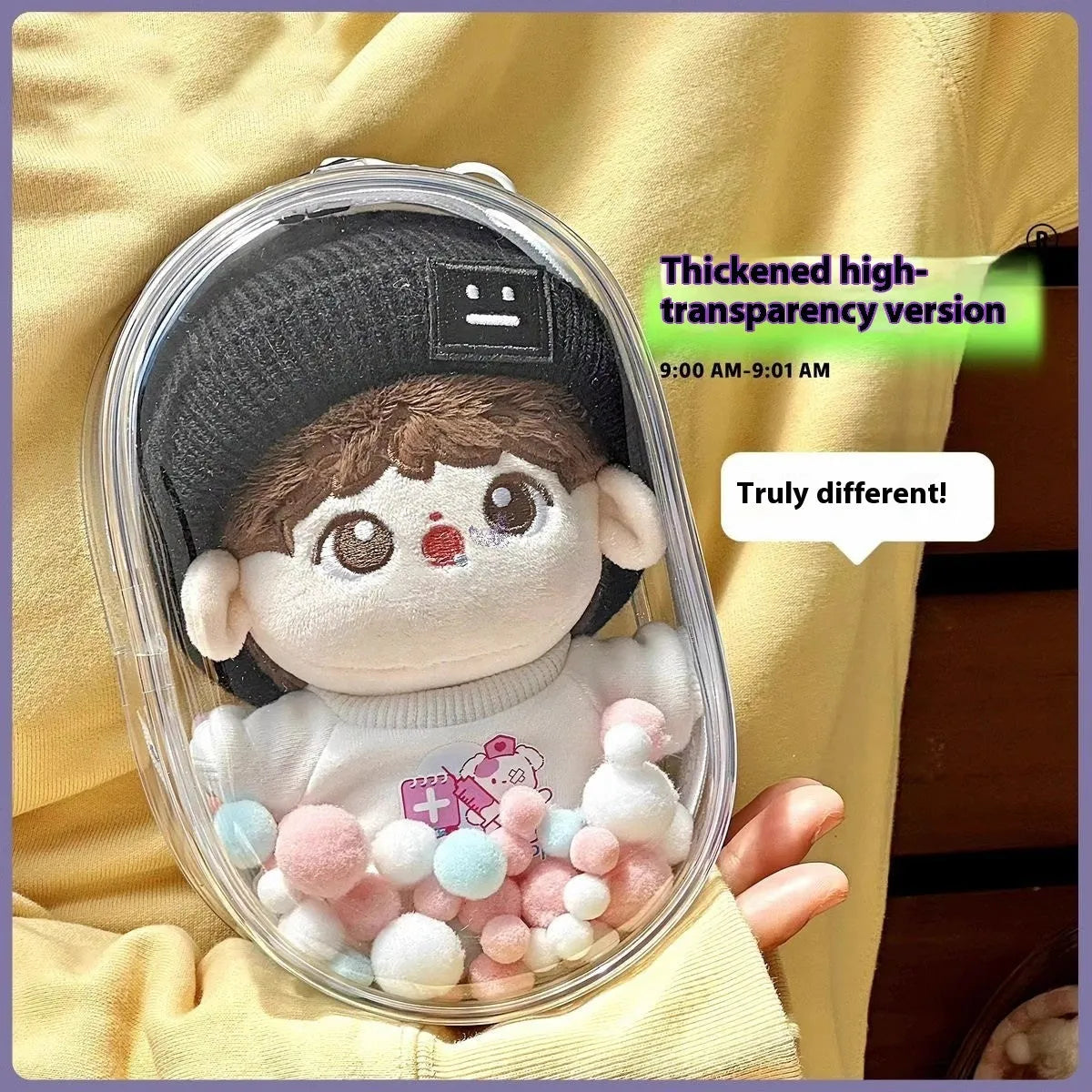 Transparent PVC cube storage bag with keychain for doll clothes and small items.