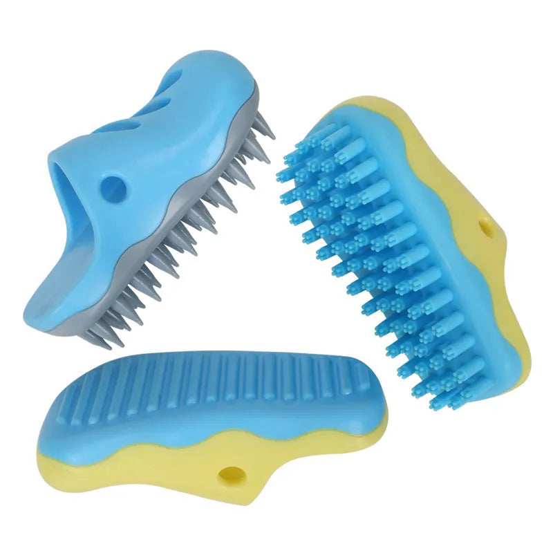 TPR silicone dog bath brush in blue and yellow with multiple head pattern options