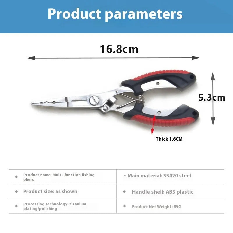 Medium straight mouth fishing pliers with integrated hook tool showing SS420 steel construction and colour-coded ABS handles