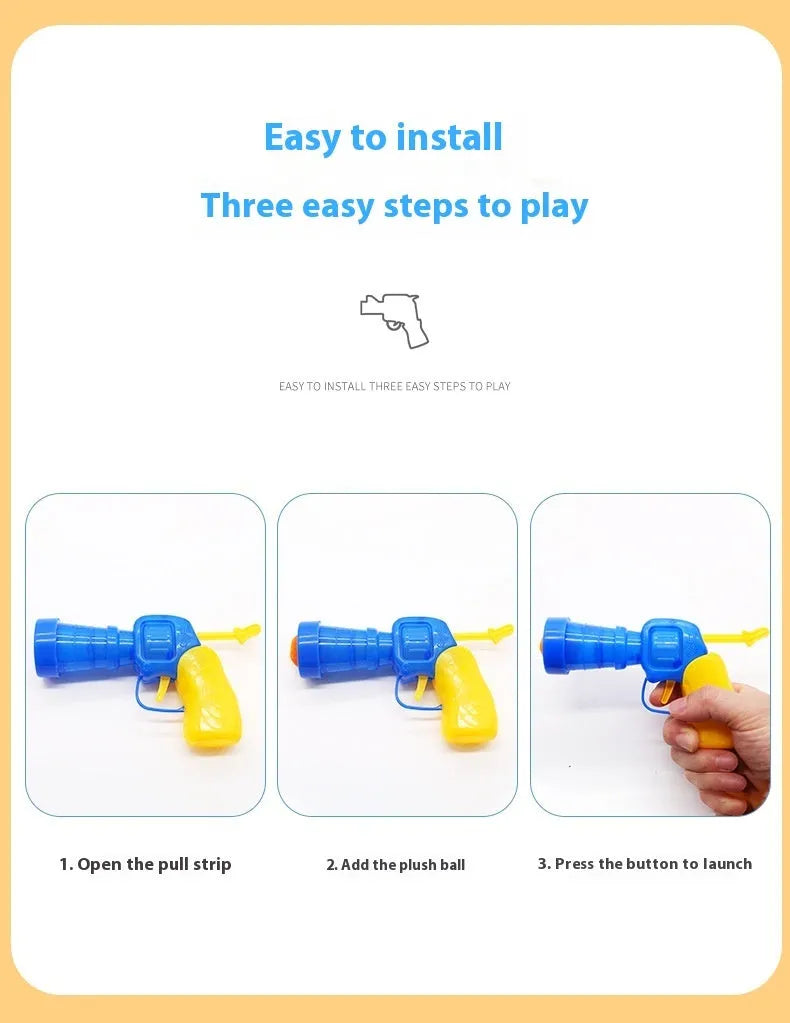 A 30cm long plush ball launcher gun for pets with a selection of soft 3cm yarn balls.