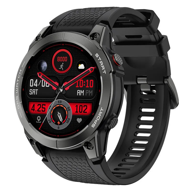 S53 Outdoor GPS Sports Call Smart Watch with black silicone strap and 1.43-inch touchscreen display.