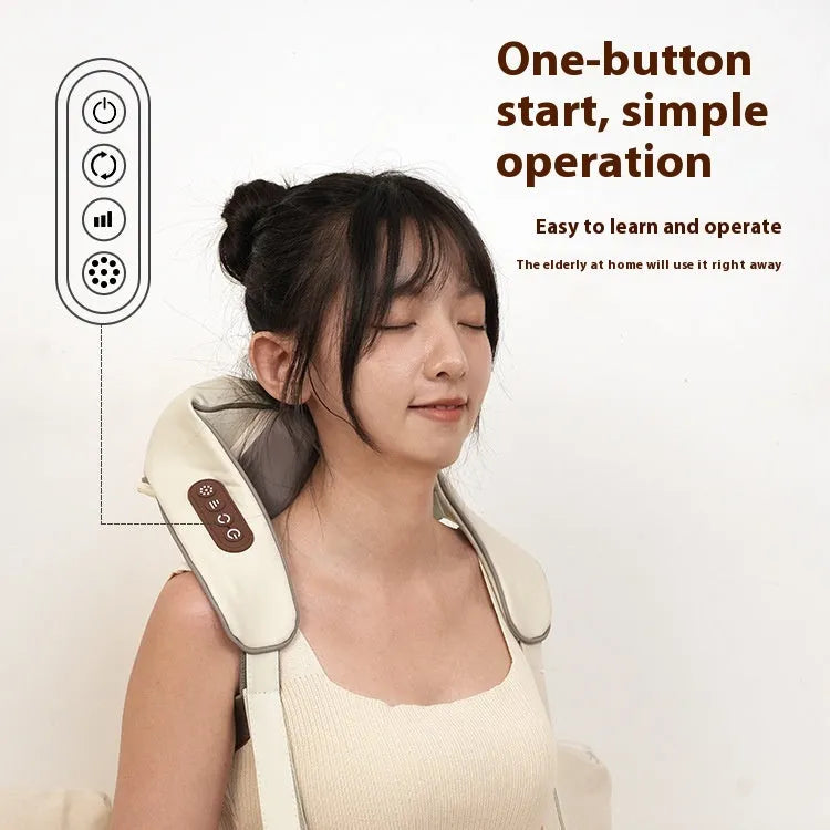Blue rechargeable foldable electric neck and shoulder massager with display.