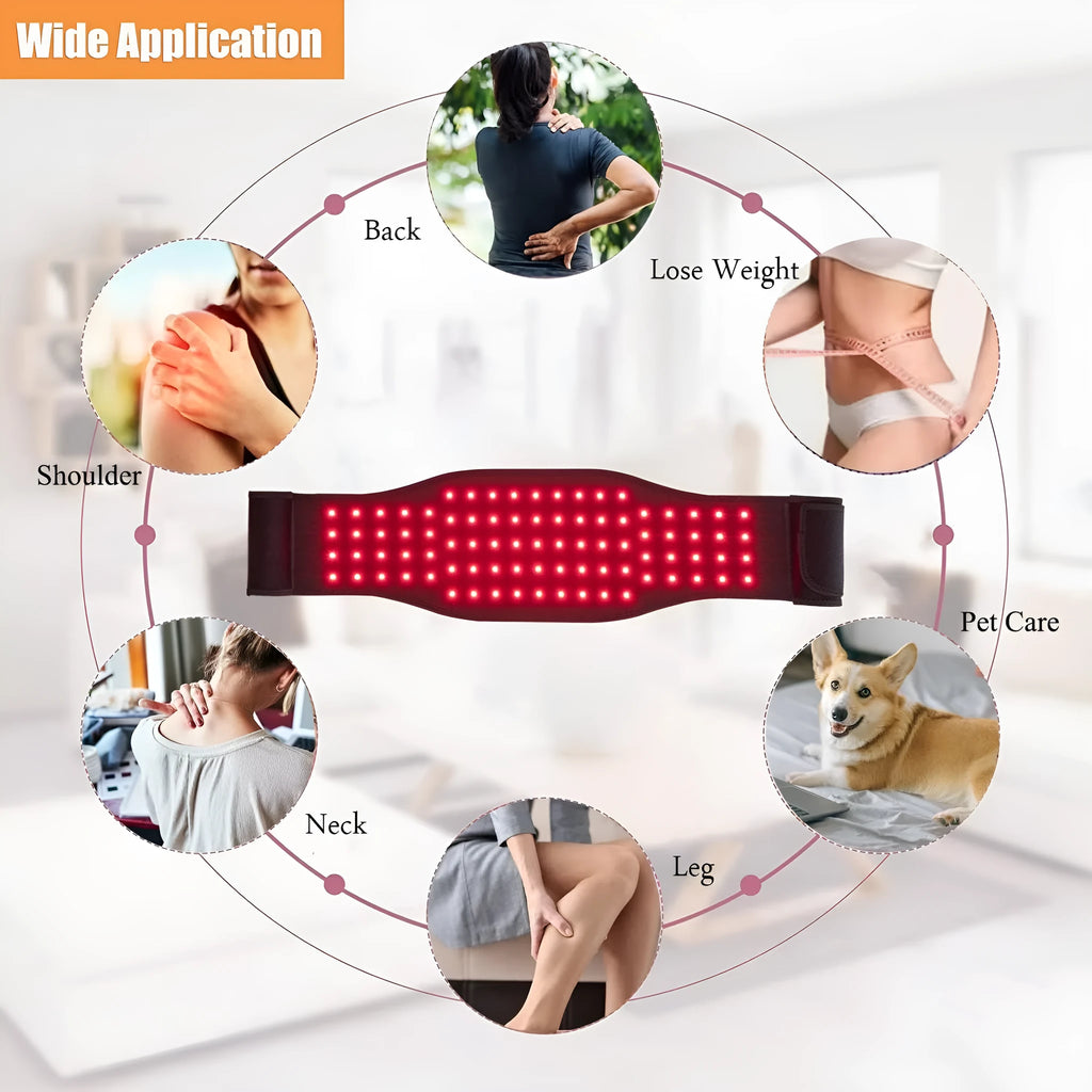 Black adjustable infrared therapy belt for waist and back pain relief with red light heat therapy