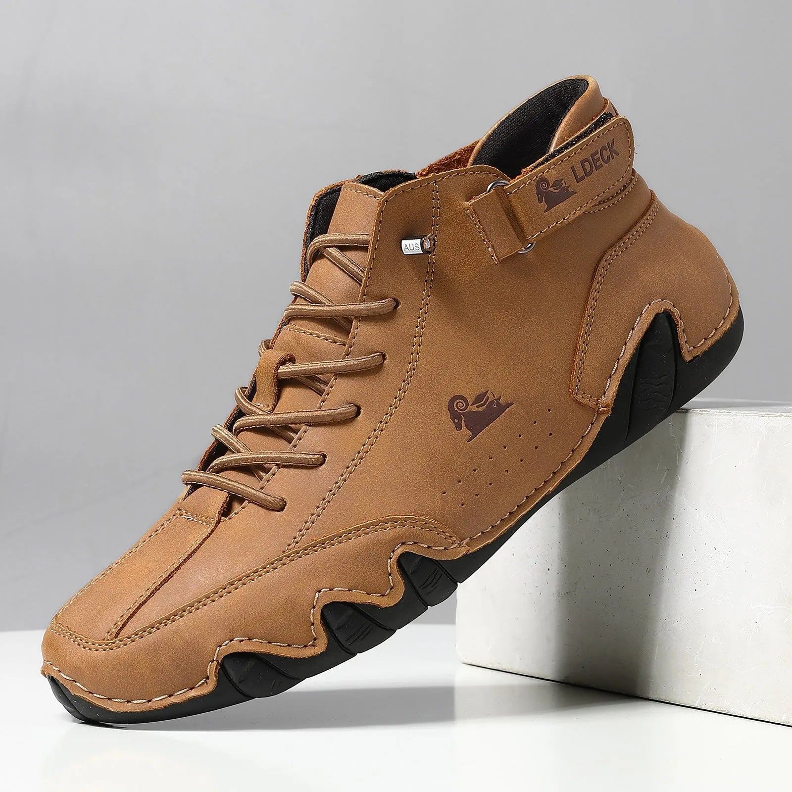 Octopus men's khaki high top boots with round toe and non-slip rubber sole.