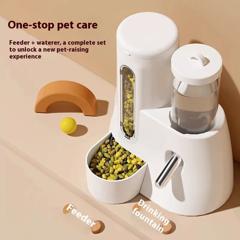 White, blue, and pink automatic hamster water feeder with attached food basin.