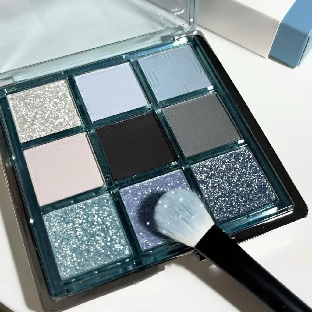 MUGELEEN nine-colour eye shadow palette 08 showing matte, shimmer, and glitter earth tones.
