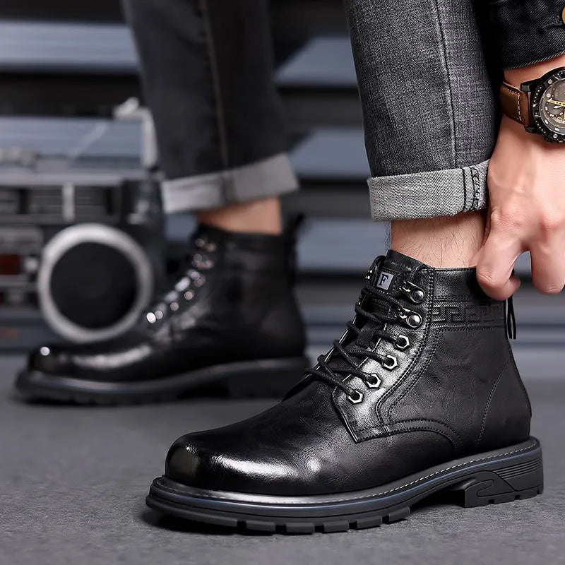 Black women's patent leather ankle boots with a low square heel and high cylinder shaft on a plain background.