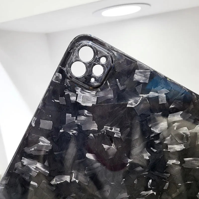 Carbon fibre hard protective case for iPad Pro 11 showing forged surface texture