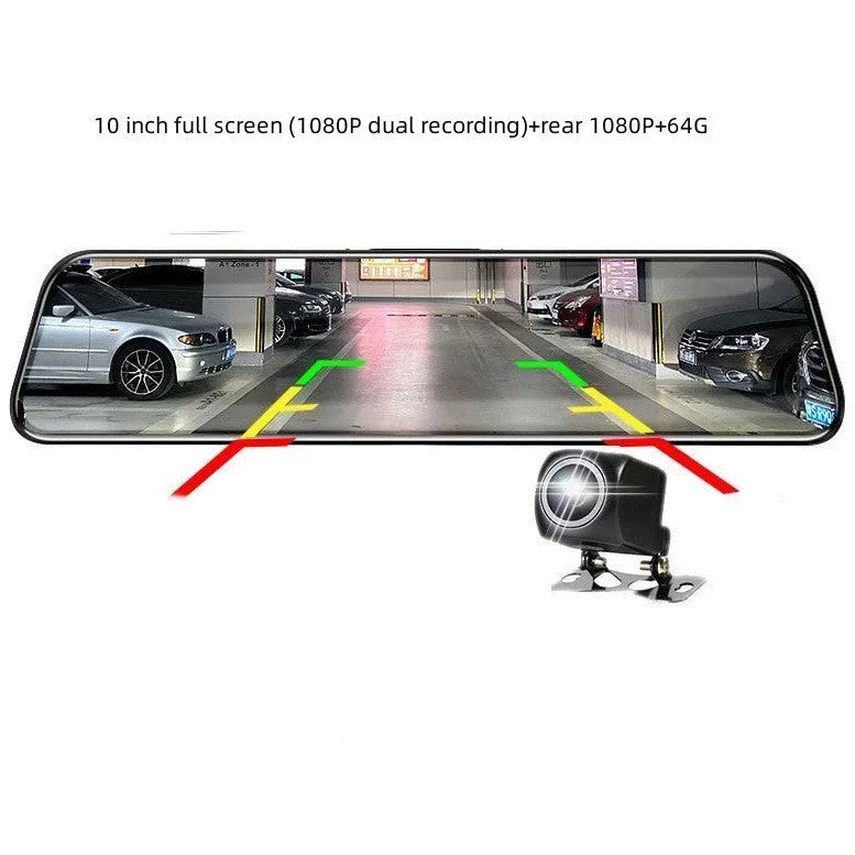10-inch full screen car dash cam with front and rear cameras on a car dashboard