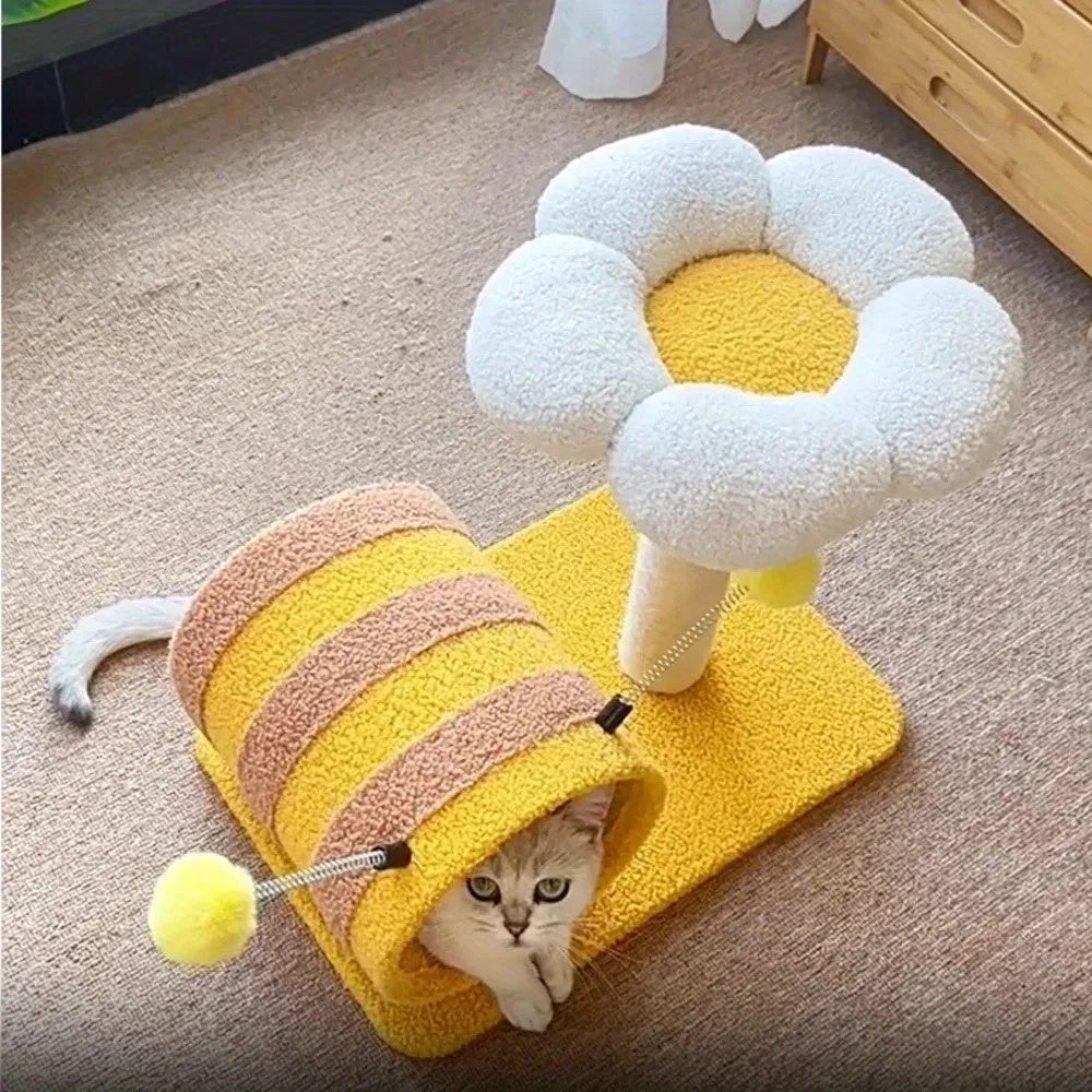 Yellow cat scratching post climbing frame with sisal board and fabric tunnel