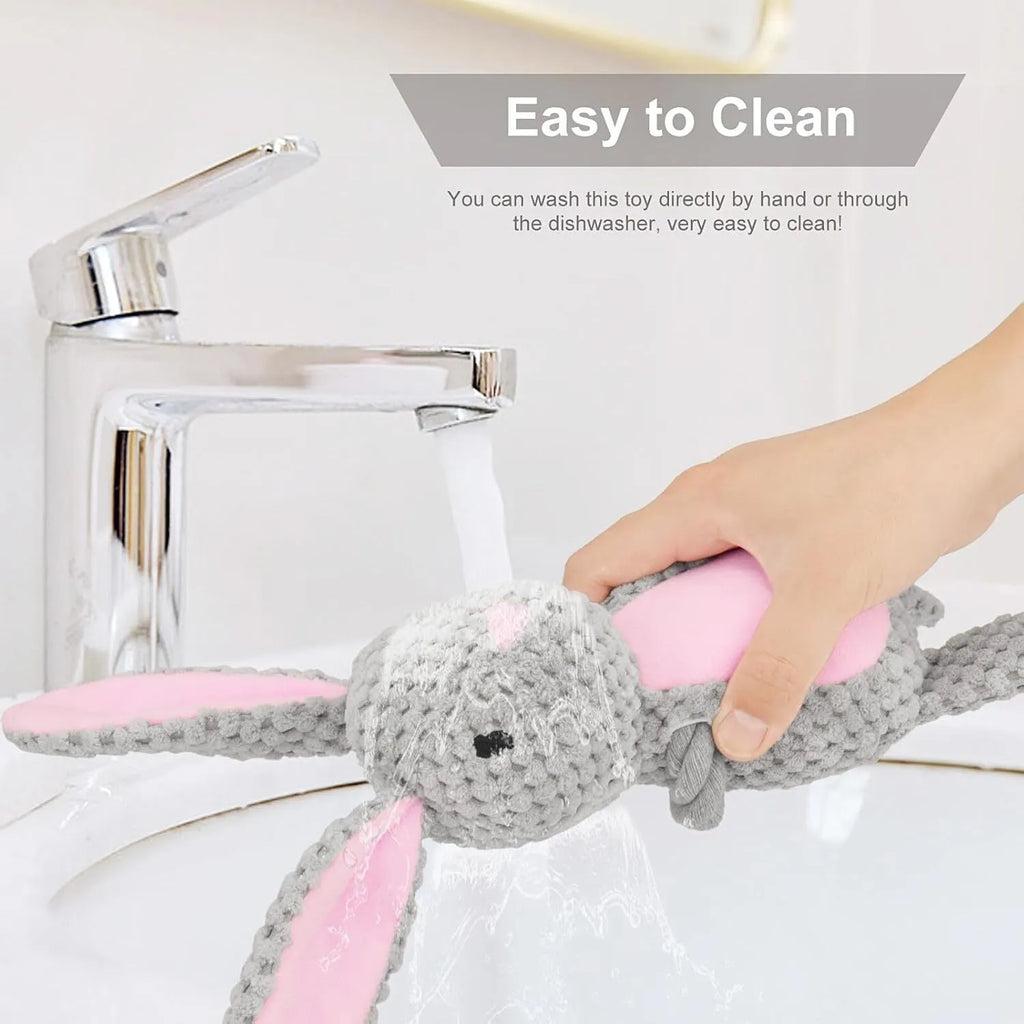 Plush dog toy with a cotton rope tail, shown in Elephant, Fox, Monkey, Pig, and Rabbit designs.