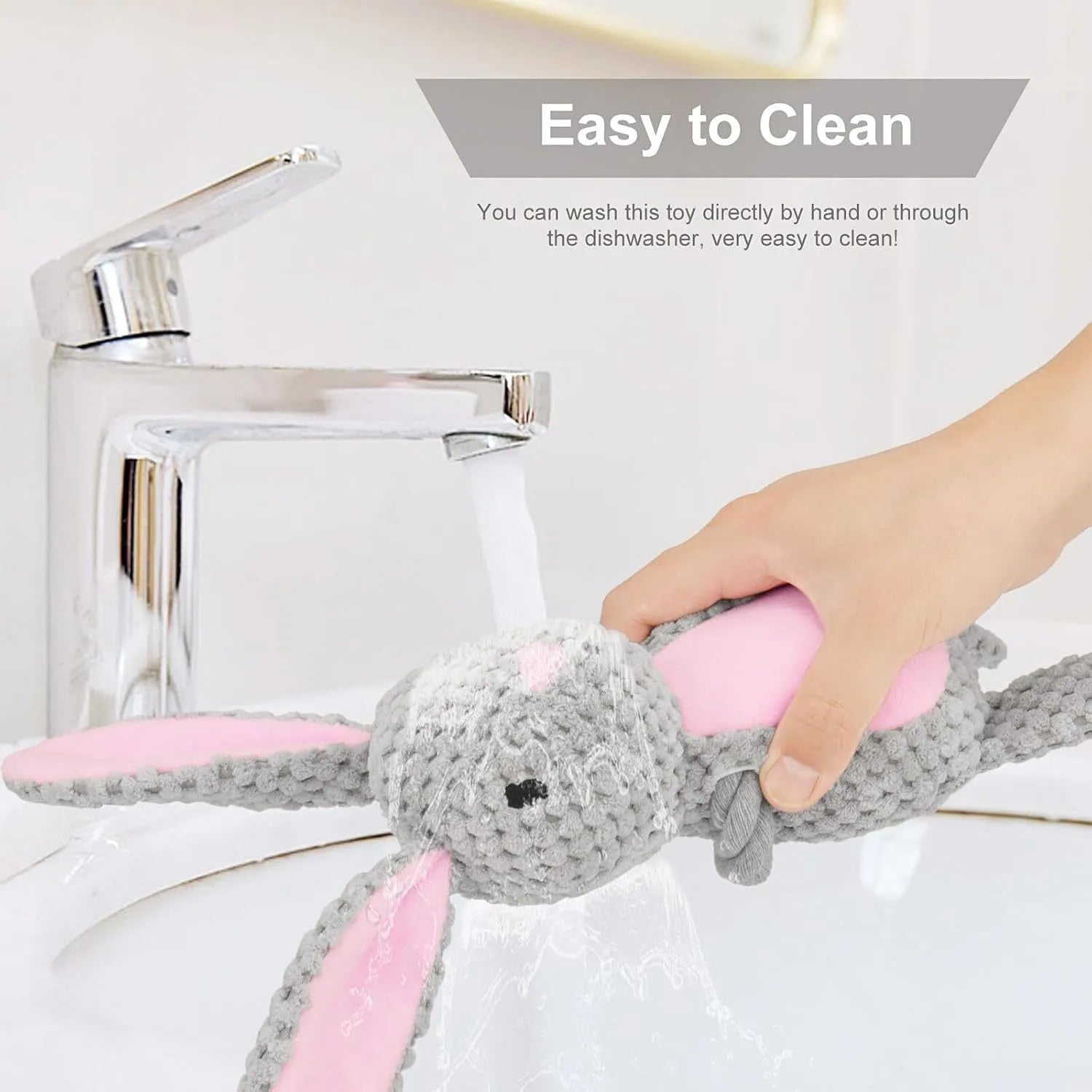 Plush dog toy with a cotton rope tail, shown in Elephant, Fox, Monkey, Pig, and Rabbit designs.