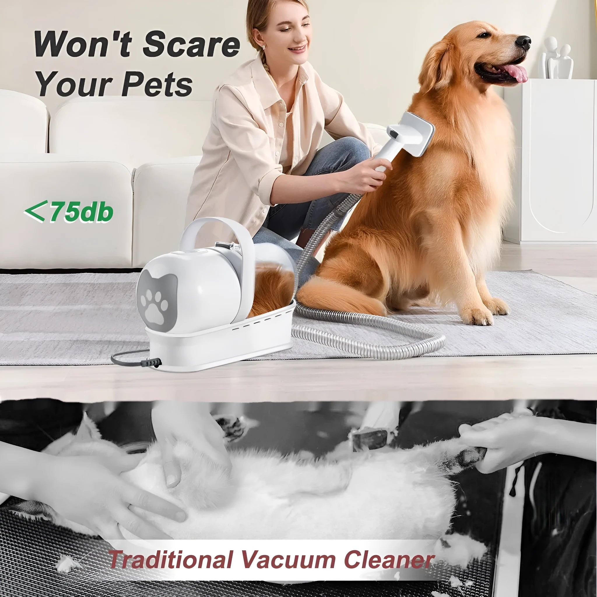White pet grooming device with vacuum trimming system for dog hair management