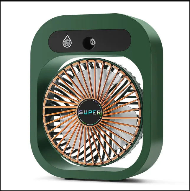 Green and white USB portable misting fan air cooler humidifier on a desk
