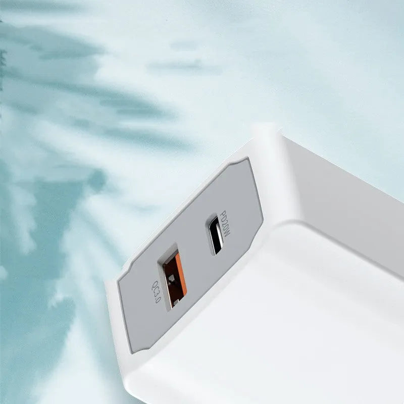 White USB fast charger set with compact charging head and 1.8m European standard fast charge cable
