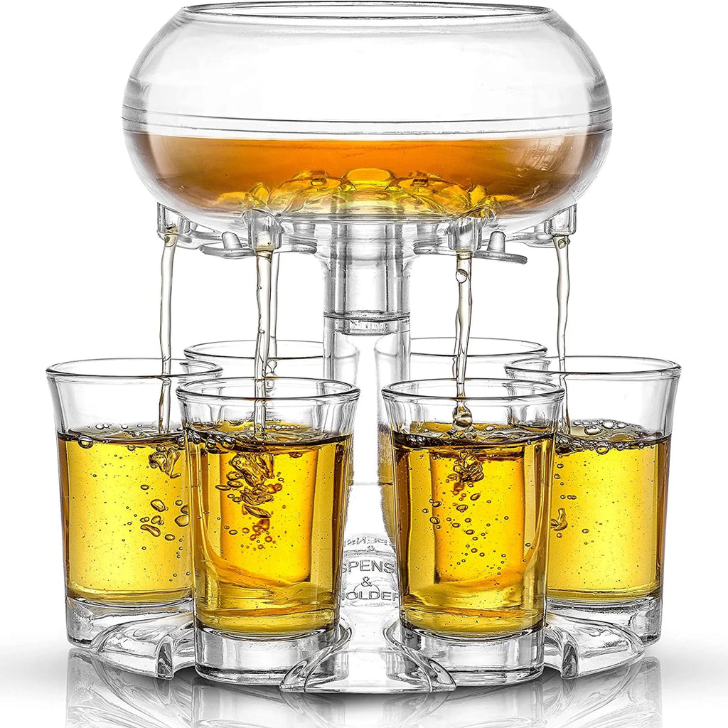 Transparent Plexiglass 6-shot glass dispenser rack holding six cups on a stand.