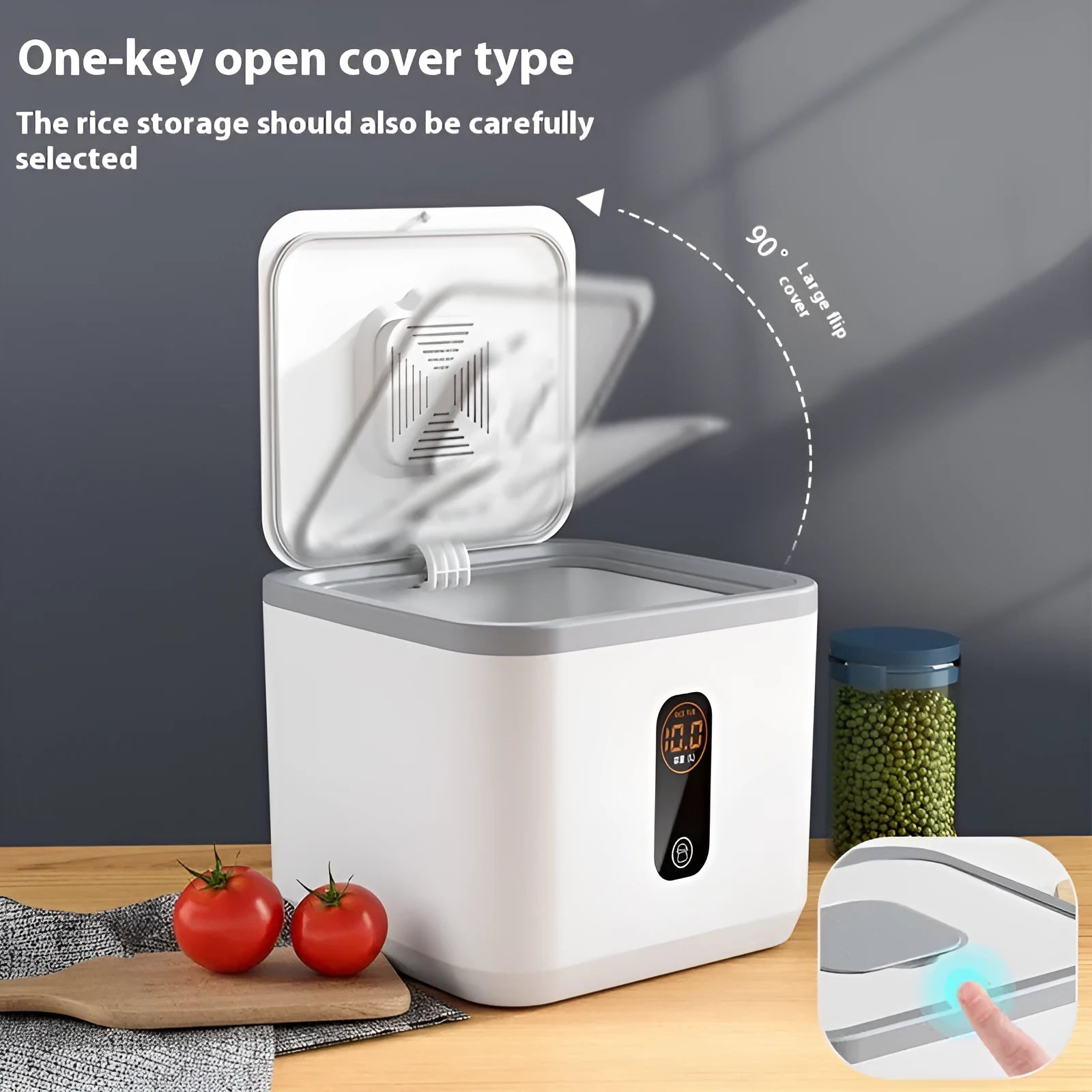Grey sealed plastic rice storage jar with lid and measuring cup in 10kg, 20kg, and 30kg size options.