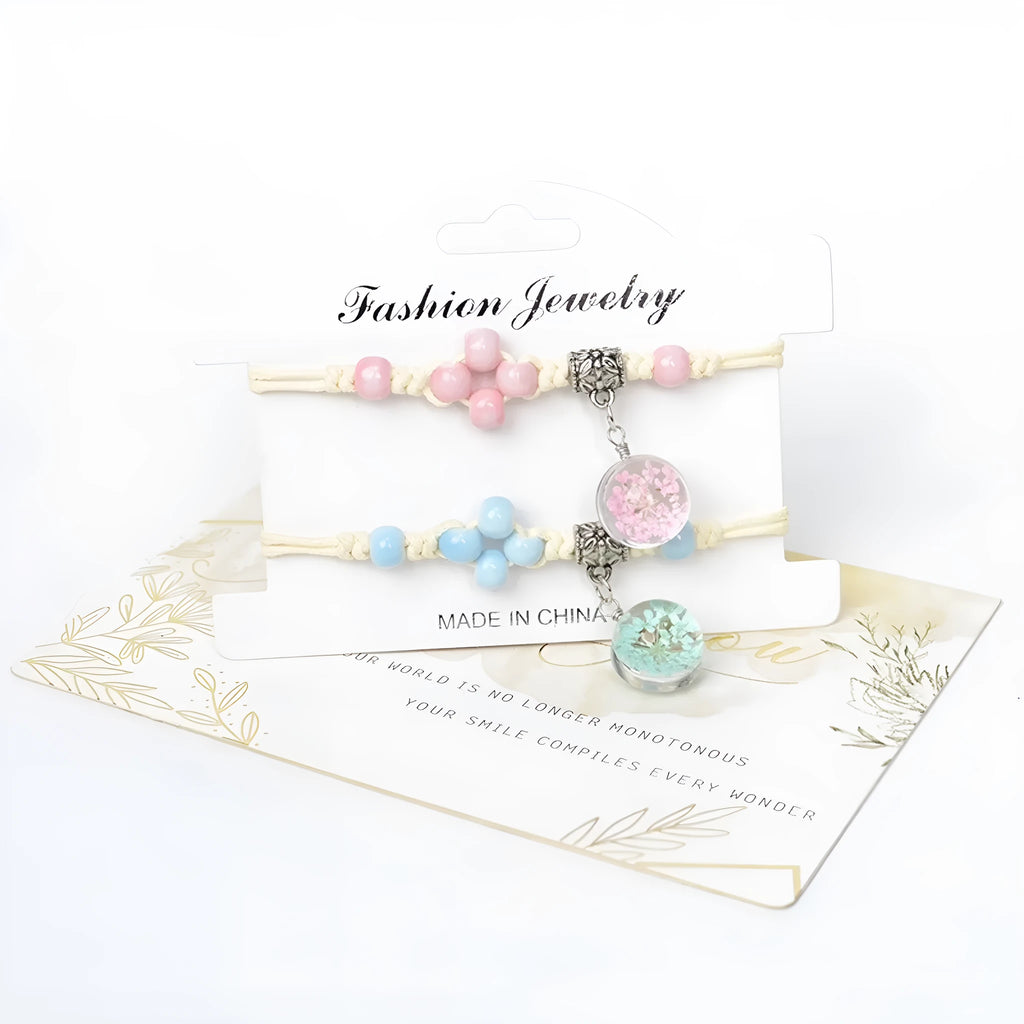 Glass dried flower bracelet with real preserved flowers and lace trim on large 1.4cm beads