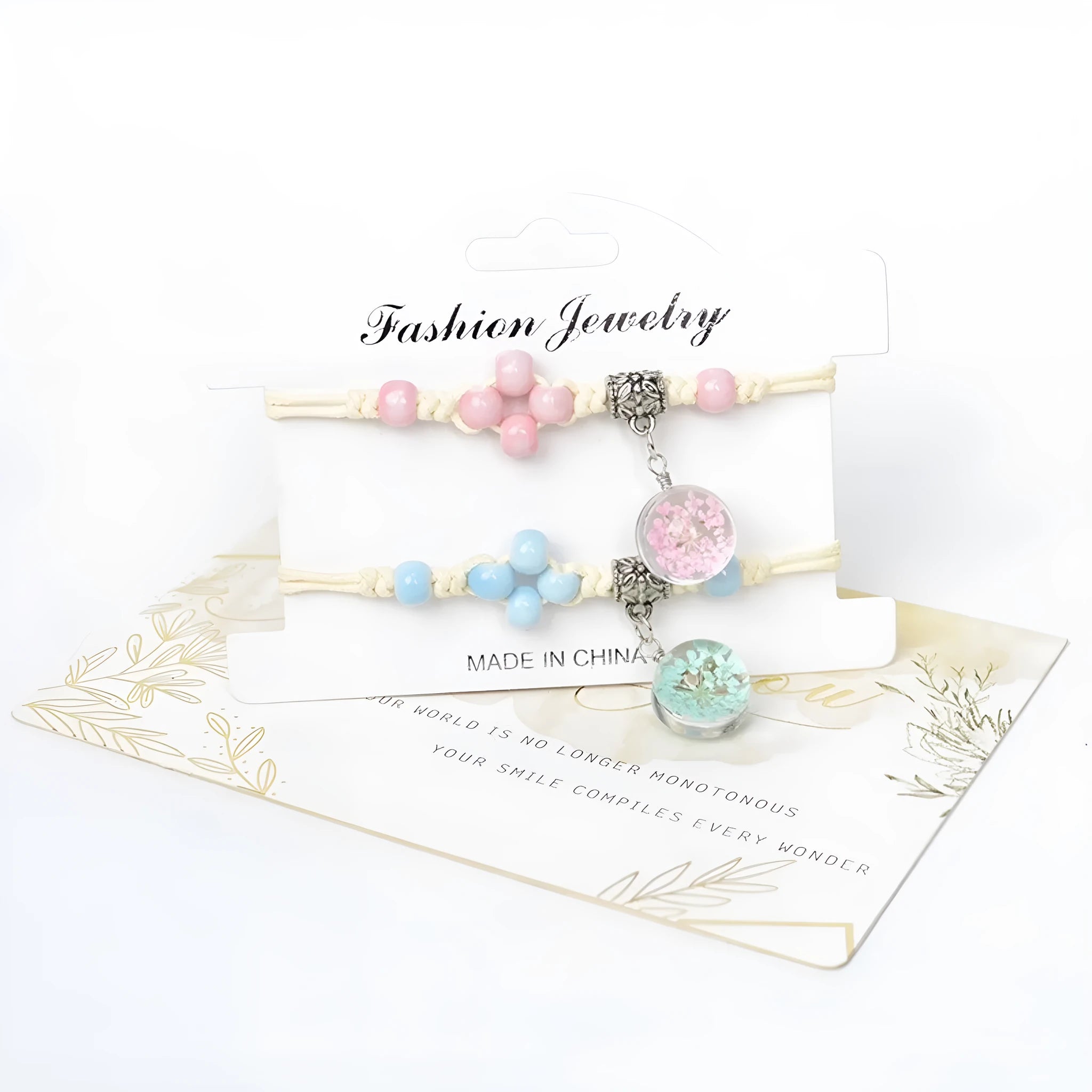 Glass dried flower bracelet with real preserved flowers and lace trim on large 1.4cm beads