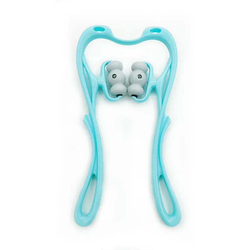 Blue handheld neck massager with 96 pressure point rollers for deep tissue relief