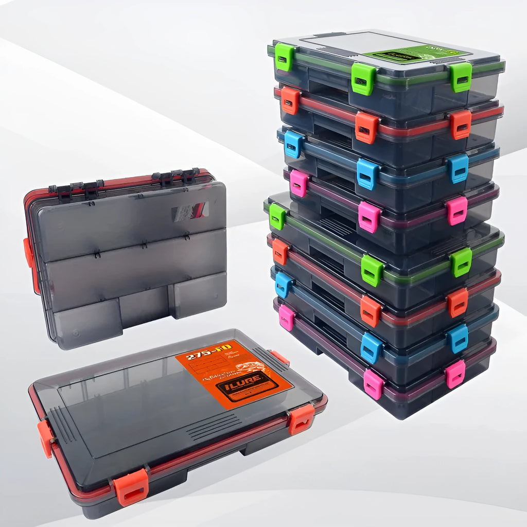Blue plastic fishing lure storage box with compartments, shown next to a green box of the same design.