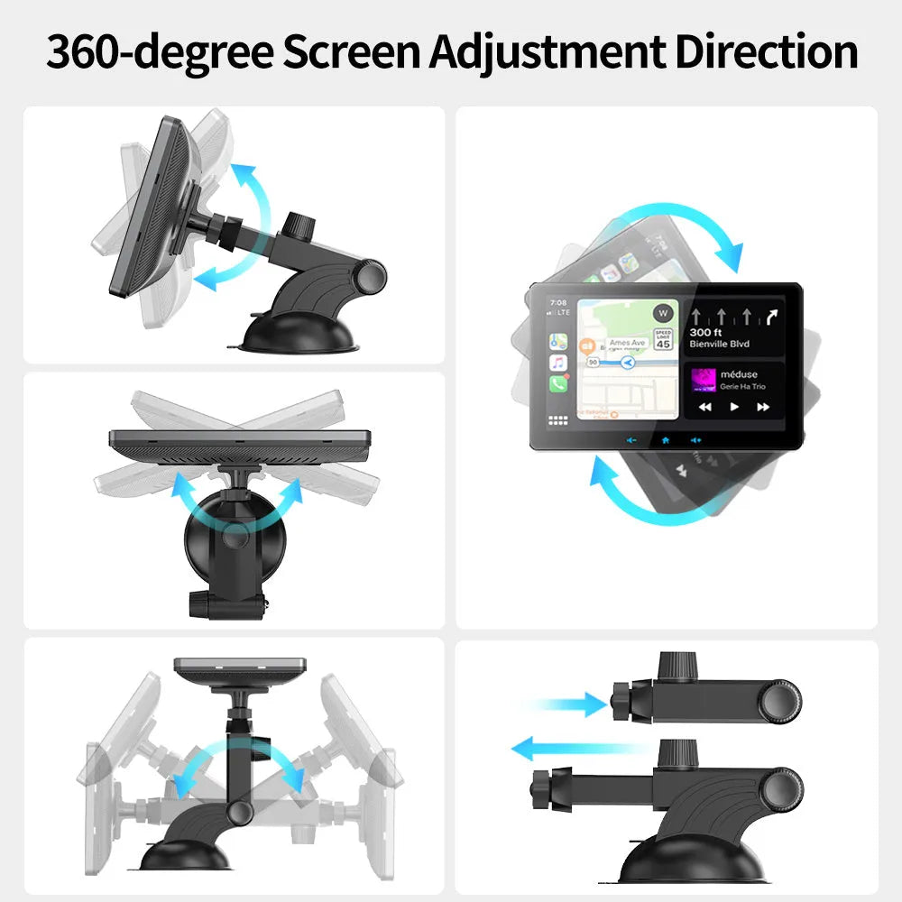 7-inch wireless CarPlay display mounted on a car windscreen with a suction cup, connected to a cigarette lighter plug.