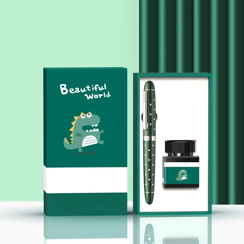 Calligraphy pen with replaceable ink sac, stainless steel nib, and character-themed designs in gift box