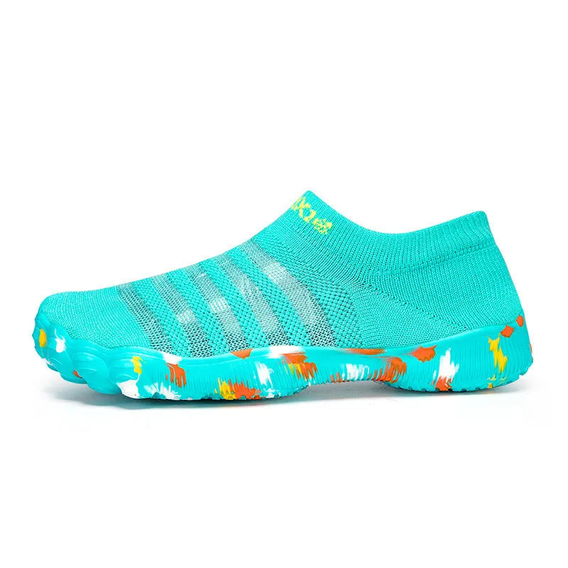 Men's camouflage Flyknit water shoes with a flat rubber sole and lace-up front.